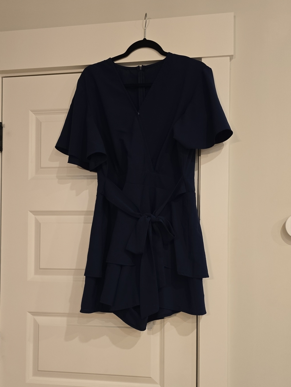 Navy Short Sleeve V-Neck Tie-Waist Romper